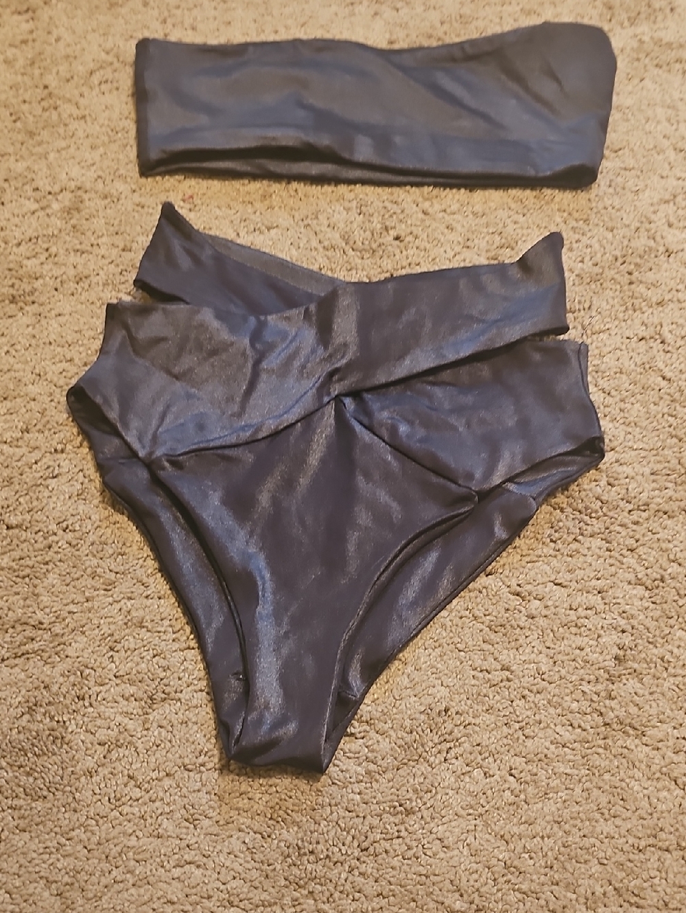 Shimmery Leather Look Black Two-Piece Bikini Set
